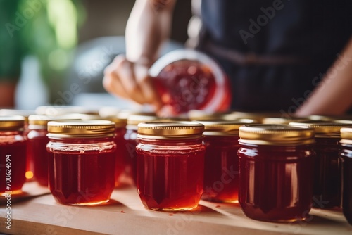 homemade cherry jam in a kitchen photo