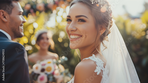 Une femme souriante en robe de marié à son mariage