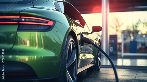 The electric vehicle is connected to a charging station, Generative AI. © Electro Unicorn