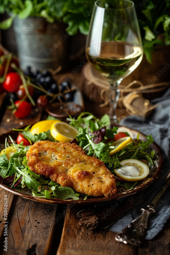 fish cutlet on greens and glass of wine on wooden background. delicious food. fish cutlet on greens and glass of wine on wooden background. delicious food.