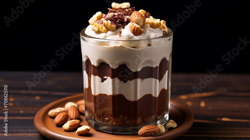 layered muscat chocolate dessert in a glass on a wooden table