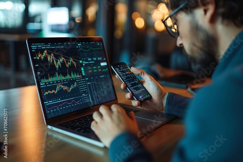 Investor using mobile phone and laptop checking trade market data. Stock trader broker looking at computer analyzing trading cryptocurrency finance market crypto stockmarket data, Generative AI photo