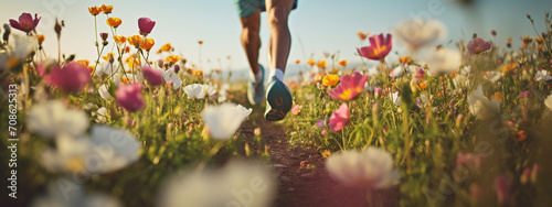 close-up of the legs of a male athlete running across a field of flowers