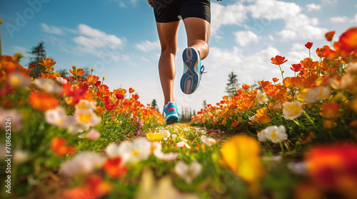 close-up of the legs of a male athlete running across a field of flowers photo