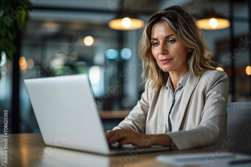 Busy mature middle aged professional business woman manager executive looking at laptop computer technology in office working on digital financial banking market sitting at desk. Generative AI