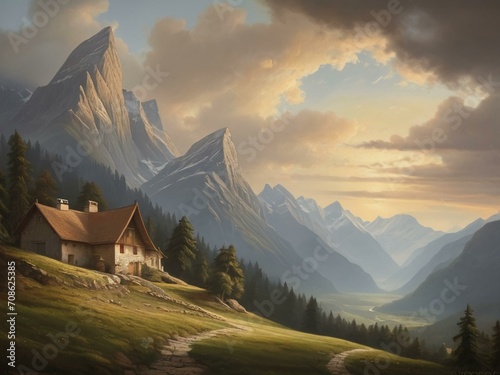 Picture, an old house on a cliff, against the background of mountains