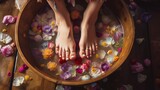 Woman on wooden floor, top view, washing her feet in a basin of water with stones and flowers, Generative AI.