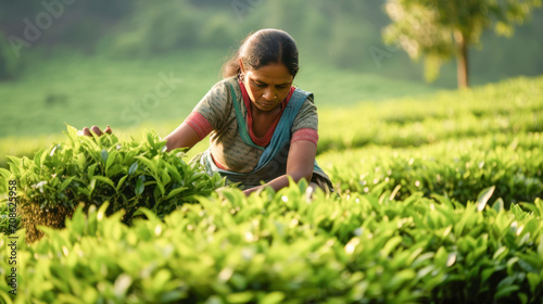 woman labor collecting tea leaf at agriculture field