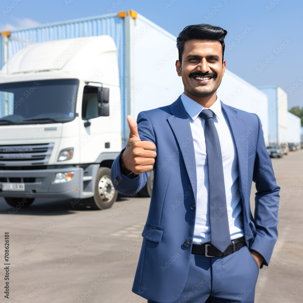 logistic businessman standing at his warehouse and showing thumbs up logistic businessman standing at his warehouse and showing thumbs up
