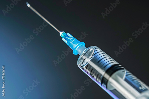 Syringe with blue liquid on a dark background. Close-up.