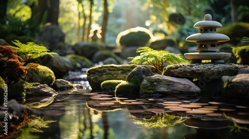Zen garden featuring a lovely pond and well-manicured rocks, Generative AI. © Electro Unicorn