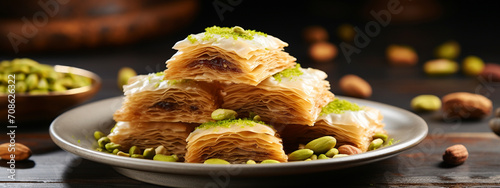 Pistachio kadaif on a plate. Turkish dessert Kadayif with pistachio powder. photo