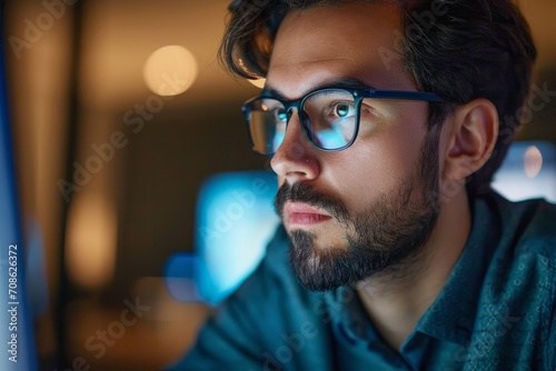 Smart busy young business man software developer engineer programmer wearing eyeglasses looking at computer. Coder working with ai software development solutions. Code glasses reflections.GenerativeAI
