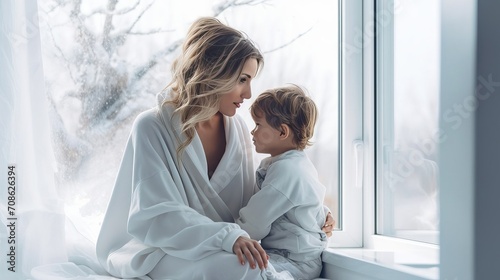 Young Blonde Mum with baby son four years old in white bathrobes sitting at the big window of the house on the sill in winter weather after a spa day. Generative Ai