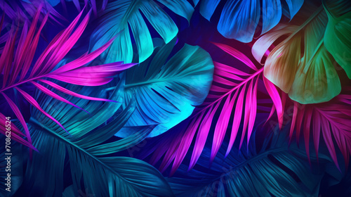 Creative fluorescent color layout made of tropical leaves