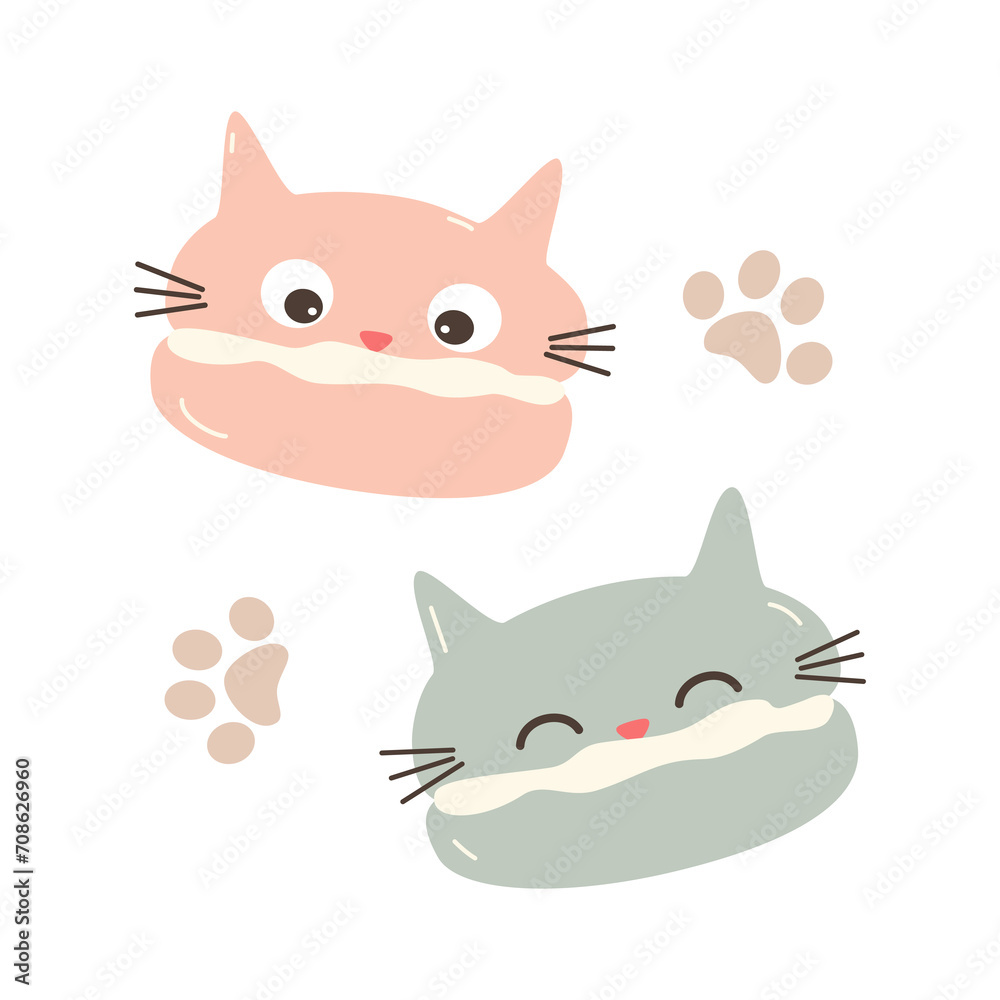 Cute hand drawn cartoon character cat macarons and paw print funny vector illustration isolated on white background Cute hand drawn cartoon character cat macarons and paw print funny vector illustration isolated on white background