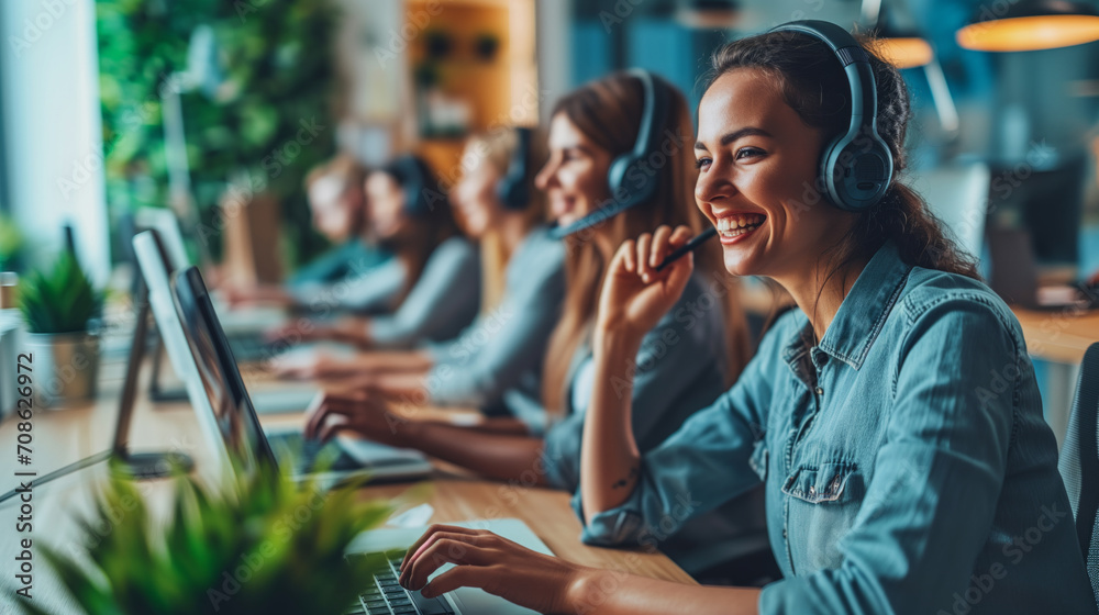 customer service female representation with headphones typing on laptop in a cozy office