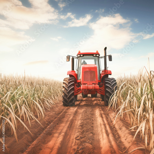 tractor at sugarcane agriculture field photo