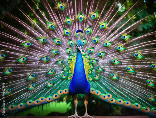 A stunning peacock proudly flaunting its vibrant and mesmerizing array of beautifully colored tail feathers.