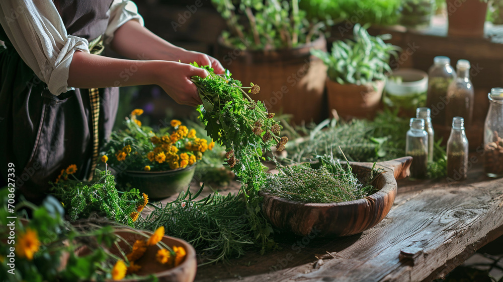 A woman collects medicinal herbs. nature A woman collects medicinal herbs. nature