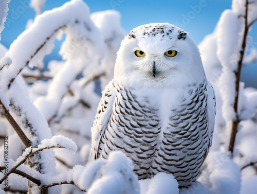Majestic snowy owl, exuding wisdom, gracefully perched on a snowy branch amidst a wintry landscape.