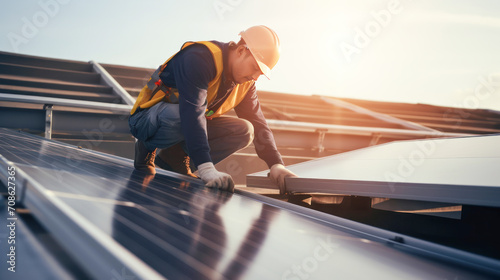 Young man working and installation solar panel photo