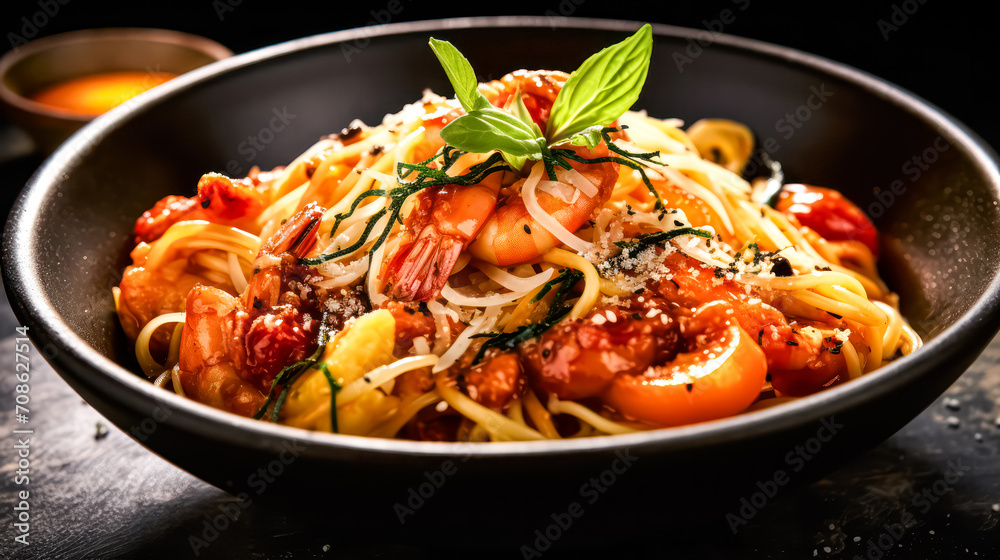 Indulge in a gastronomic delight a plate of exquisite pasta adorned with delectable seafood, set against a rich and enticing dark background. Indulge in a gastronomic delight a plate of exquisite pasta adorned with delectable seafood, set against a rich and enticing dark background.
