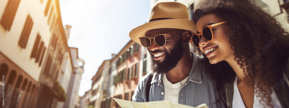 Fun, friends, travel and tourism concept. a beautiful couple is looking for a way on a map - obrazy, fototapety, plakaty 
