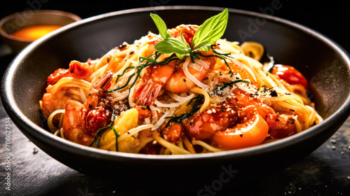 Indulge in a gastronomic delight a plate of exquisite pasta adorned with delectable seafood, set against a rich and enticing dark background.