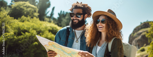 Fun, friends, travel and tourism concept. a beautiful couple is looking for a way on a map photo