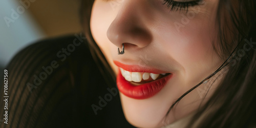 Gesicht einer Frau mit einem Piercing an der Nase, ai generativ