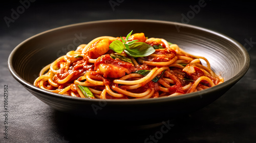 Indulge in a gastronomic delight a plate of exquisite pasta adorned with delectable seafood  set against a rich and enticing dark background.