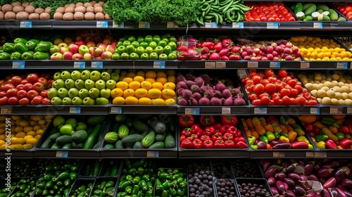 Fruits and fresh vegetables in the refrigerated shelf of a supermarket. Crisp and Vibrant Produce Selection in a Refrigerated Section photo
