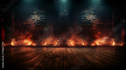 Dark basement room empty old brick wall sparks of fire