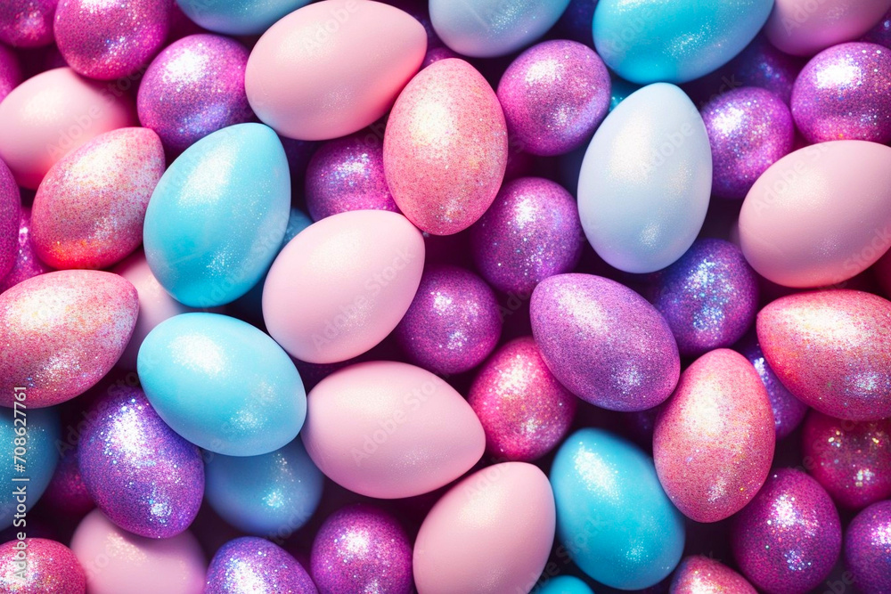 Pile of bright and colorful pastel Easter Eggs top view festival glitter background. Pile of bright and colorful pastel Easter Eggs top view festival glitter background.