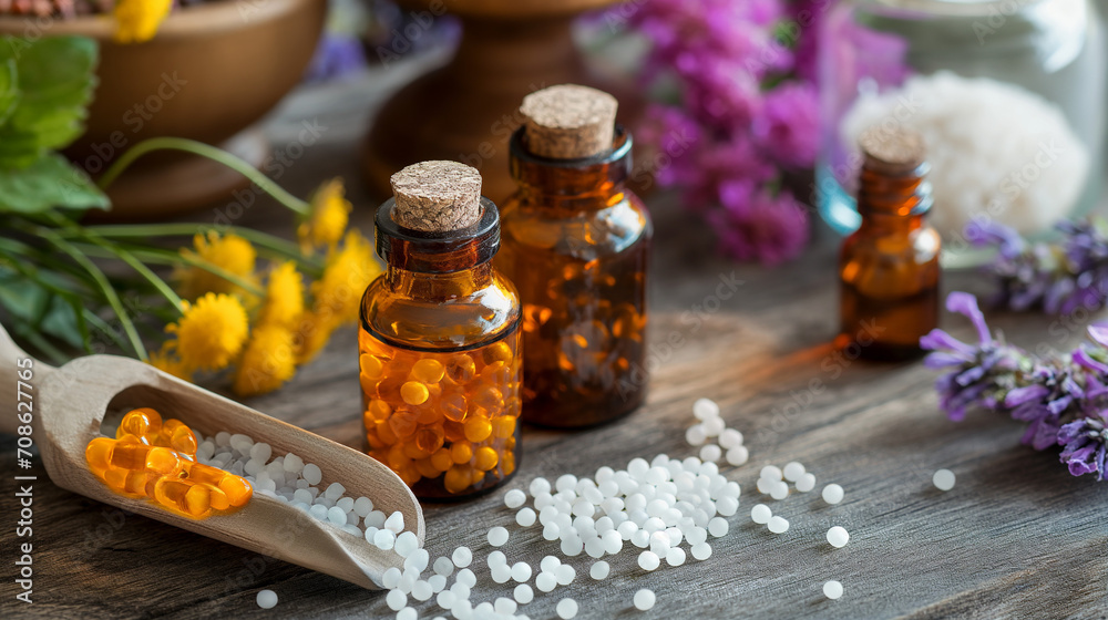 Heilpflanzen und frische Kräuter sowie kleine Flaschen mit Globuli Kugeln und Kügelchen für medizinische Zwecke der Homöopathie und Selbstheilung Generative AI Heilpflanzen und frische Kräuter sowie kleine Flaschen mit Globuli Kugeln und Kügelchen für medizinische Zwecke der Homöopathie und Selbstheilung Generative AI