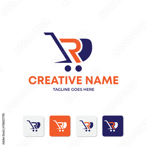 Abstract Shopping cart logo with letter R for online e commerce business.