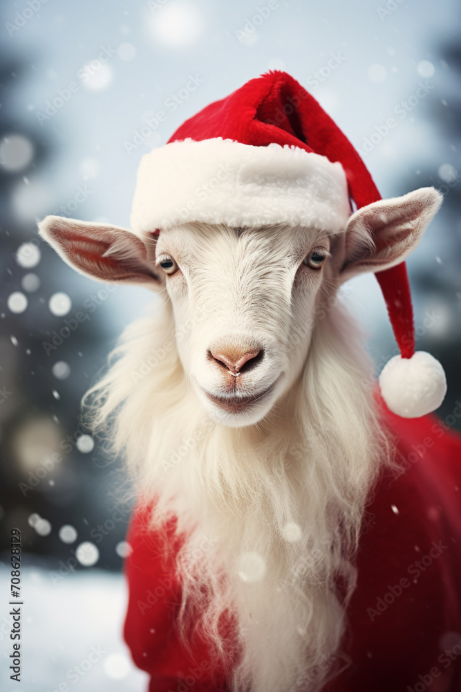 goats in santa claus hat. year of the goat concept
