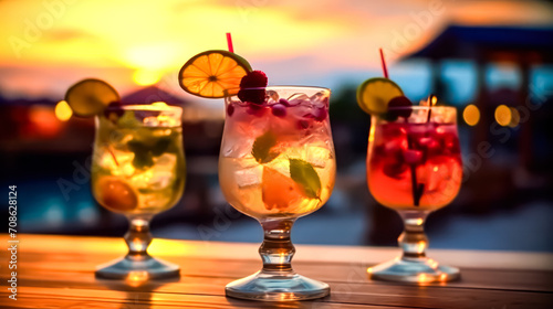 Sip on paradise with a tropical cocktail adorned with fresh fruits, served at a beach bar. A colorful and refreshing alcoholic drink, perfect for seaside indulgence.