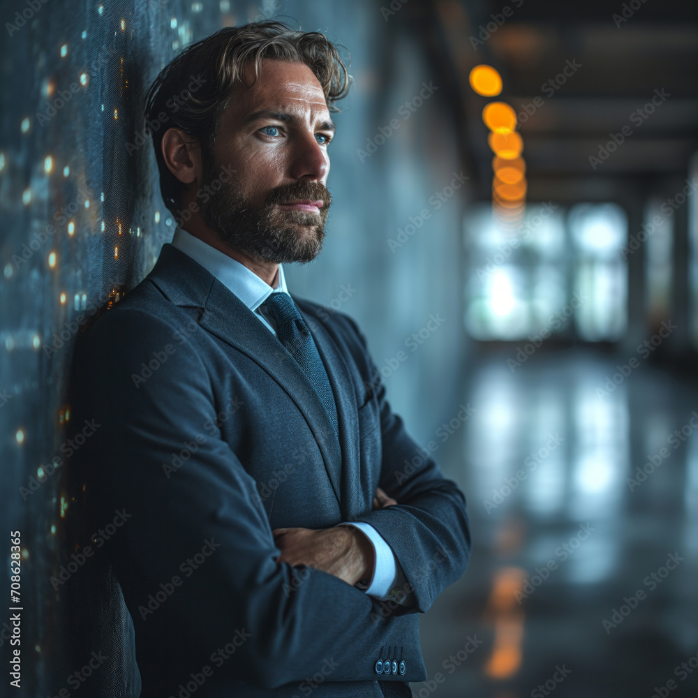 Fototapeta premium sexy bearded businessman leaning on a wall while crossing arms