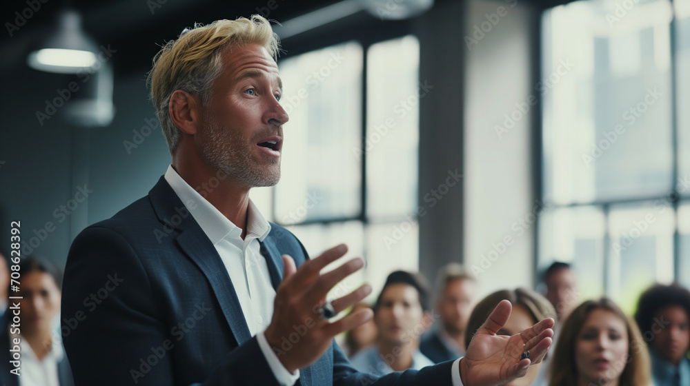 © Viorel Sima - elegant mature manager with blonde hair speaking and teaching his team © Viorel Sima - elegant mature manager with blonde hair speaking and teaching his team