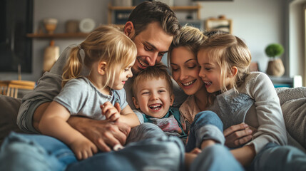 portrait of happy family of five sitting together on a couch in the livingroom