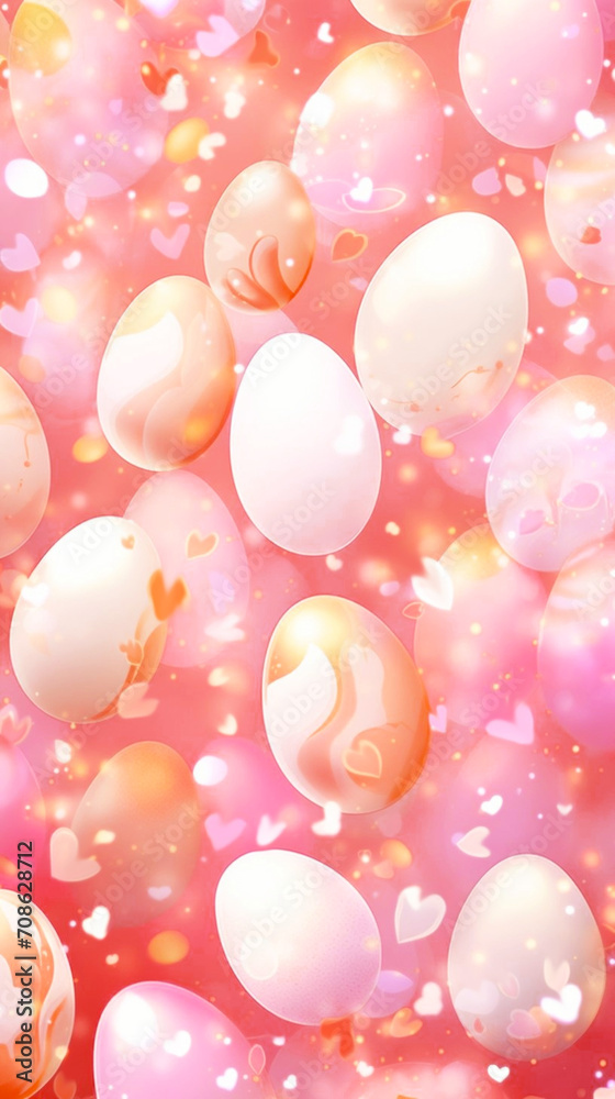 Easter pattern design romantic pink background with decorative eggs. Vertical phone hart eggs wallpaper