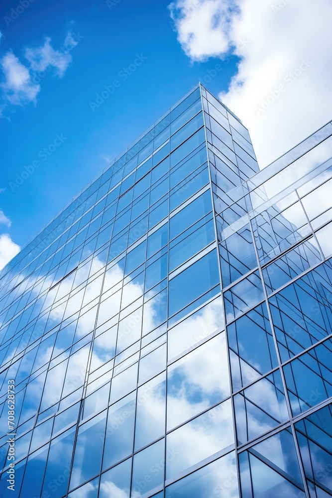 Blue glass skyscraper reflecting the sky