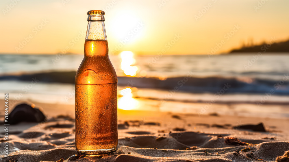 Chill vibes at the beach bar. A cold beer stands on the table, inviting relaxation by the shore. Perfect scene for a laid-back beach experience. Chill vibes at the beach bar. A cold beer stands on the table, inviting relaxation by the shore. Perfect scene for a laid-back beach experience.