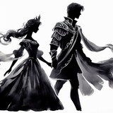 Silhouette of a prince and princess holding hands in a fairy tale.