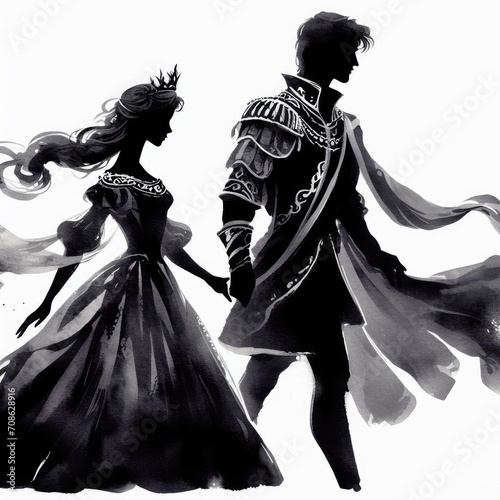 Silhouette of a prince and princess holding hands in a fairy tale. photo