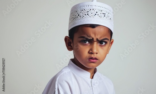 angry little muslim boy, small child, children's emotions, portrait of children, angry child photo