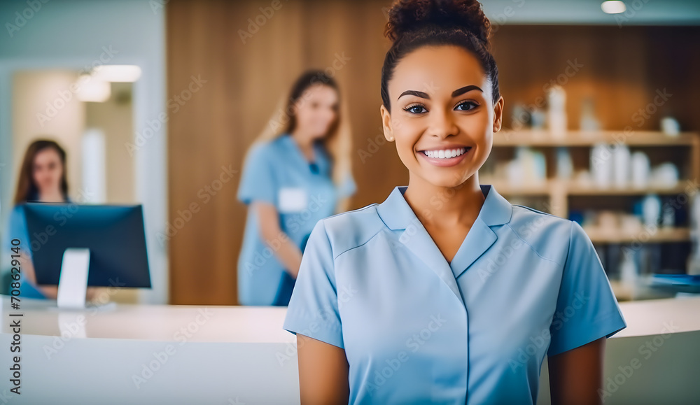 Hôtesse d'accueil dans un espace de santé, clinique, hôpital, dentiste, médecin, Hôtesse d'accueil dans un espace de santé, clinique, hôpital, dentiste, médecin,