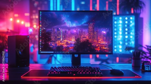 Computer desktop, play Game, Display device, using computer, intel core, ricoh r1, exacting captivating lighting, muted colors, layered image, strong lighting contrasts, photo